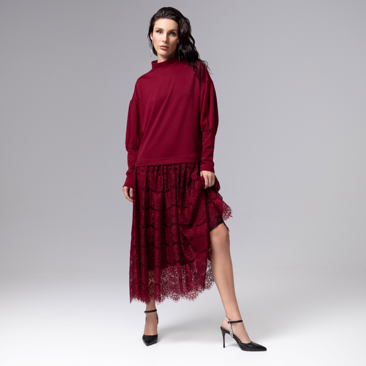Платье История в кружевах (бордо). Состав: 65% полиэстер, 30% вискоза, 5% спандекс