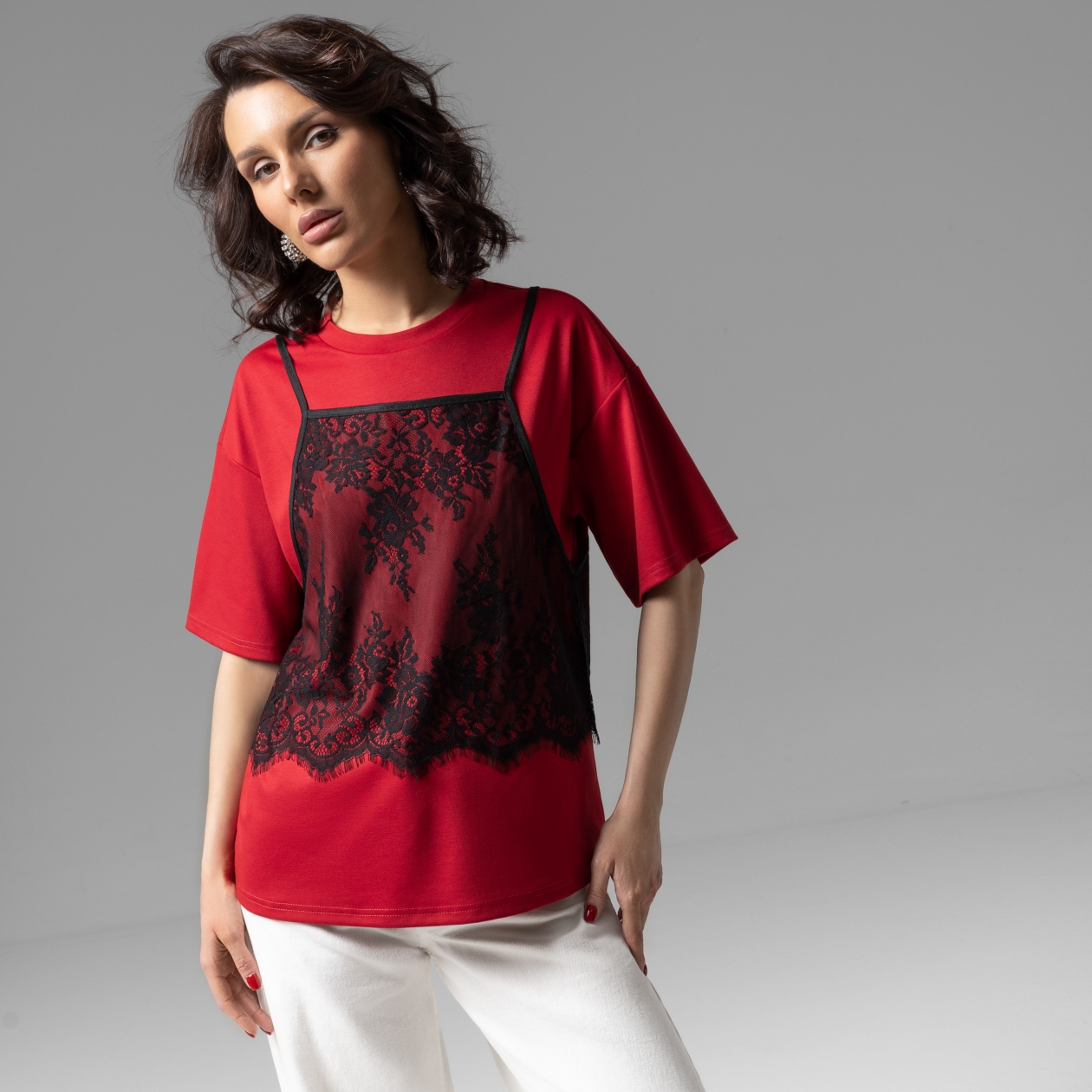 Футболка Модный тандем (красный 2 в 1). Состав: 65% полиэстер, 30% вискоза, 5% спандекс