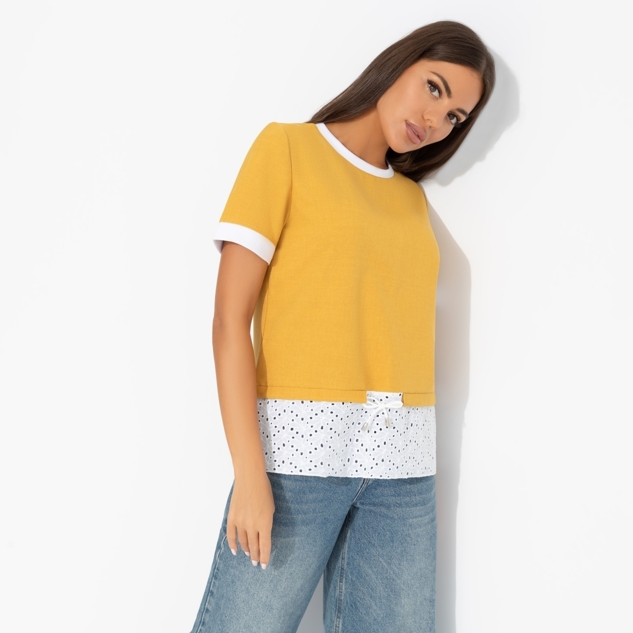 Футболка Романтика с перчинкой (горчичная). Состав: 80% п/э, 15% лен, 5% эластан