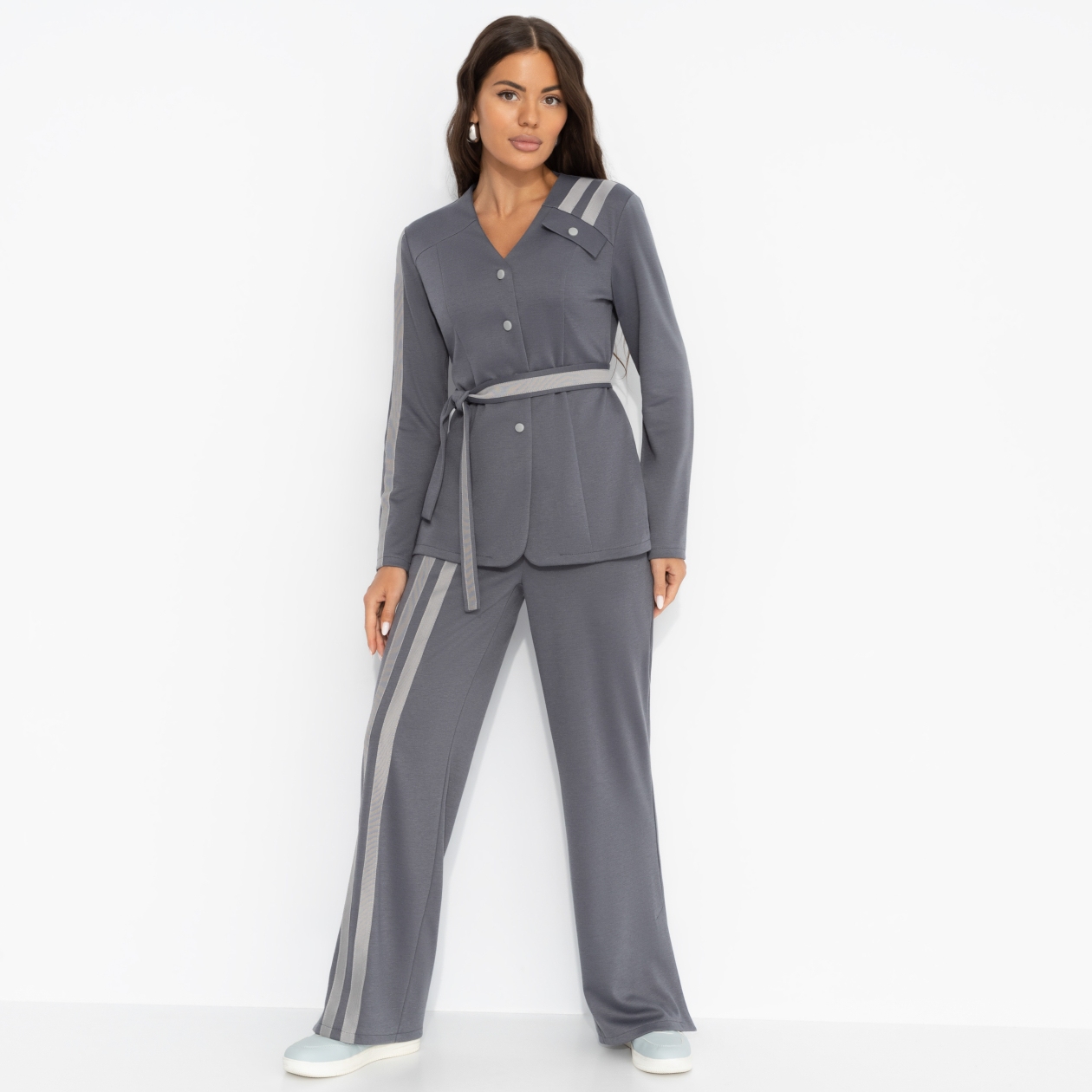 Брючный костюм Личное превосходство (серый, 2 в 1, с поясом). Состав: 65% п/э, 30% вискоза, 5% спандекс