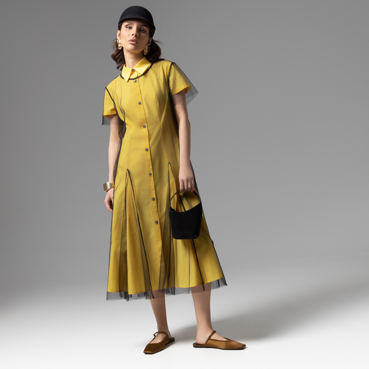 Платье-рубашка Стильное самообладание (желтое, 2 в 1). Состав: 45% хлопок, 30% полиэстер, 25% нейлон