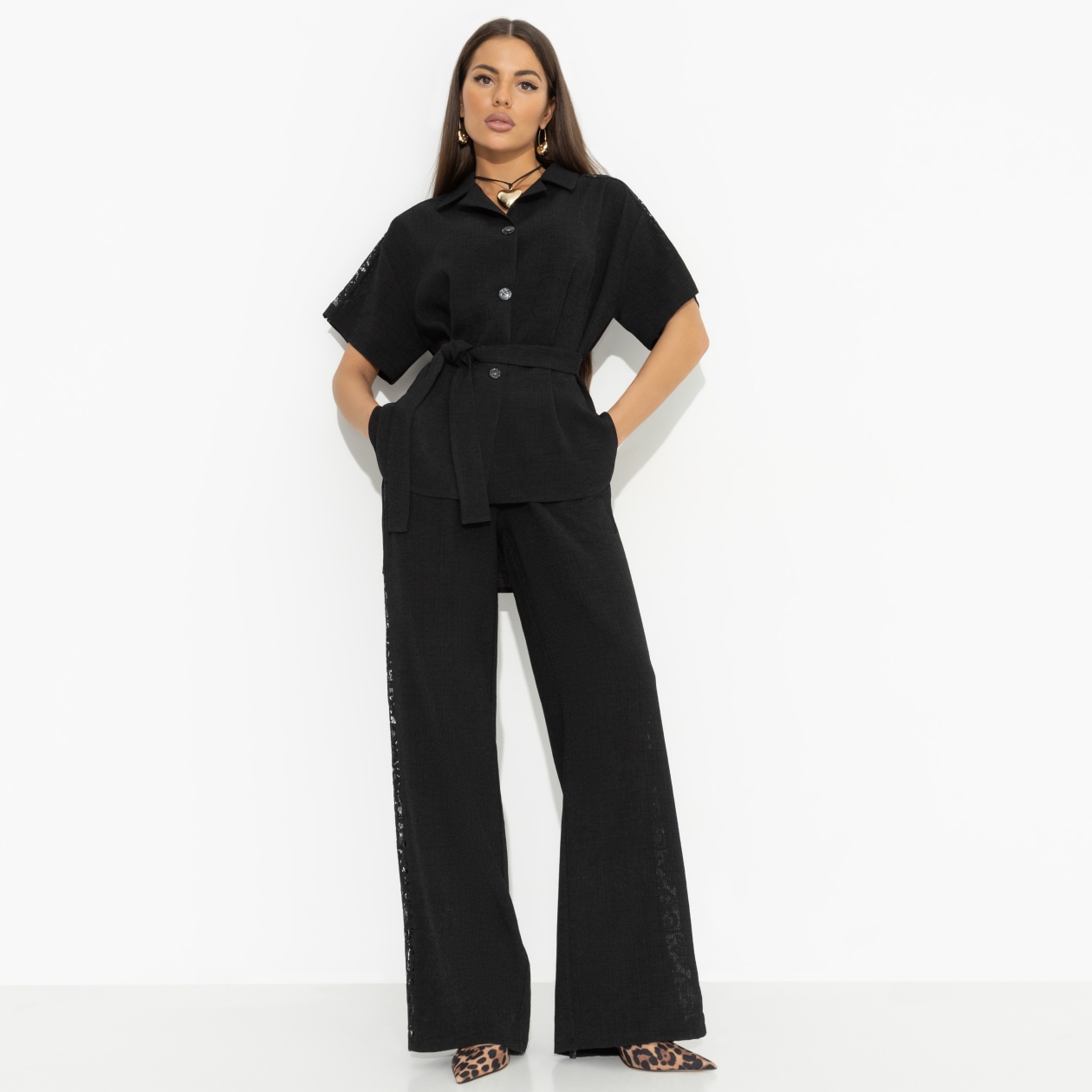 Брючный костюм Престижная номинация (черный, 2 в 1, с поясом). Состав: 50% лен, 48% п/э, 2% спандекс