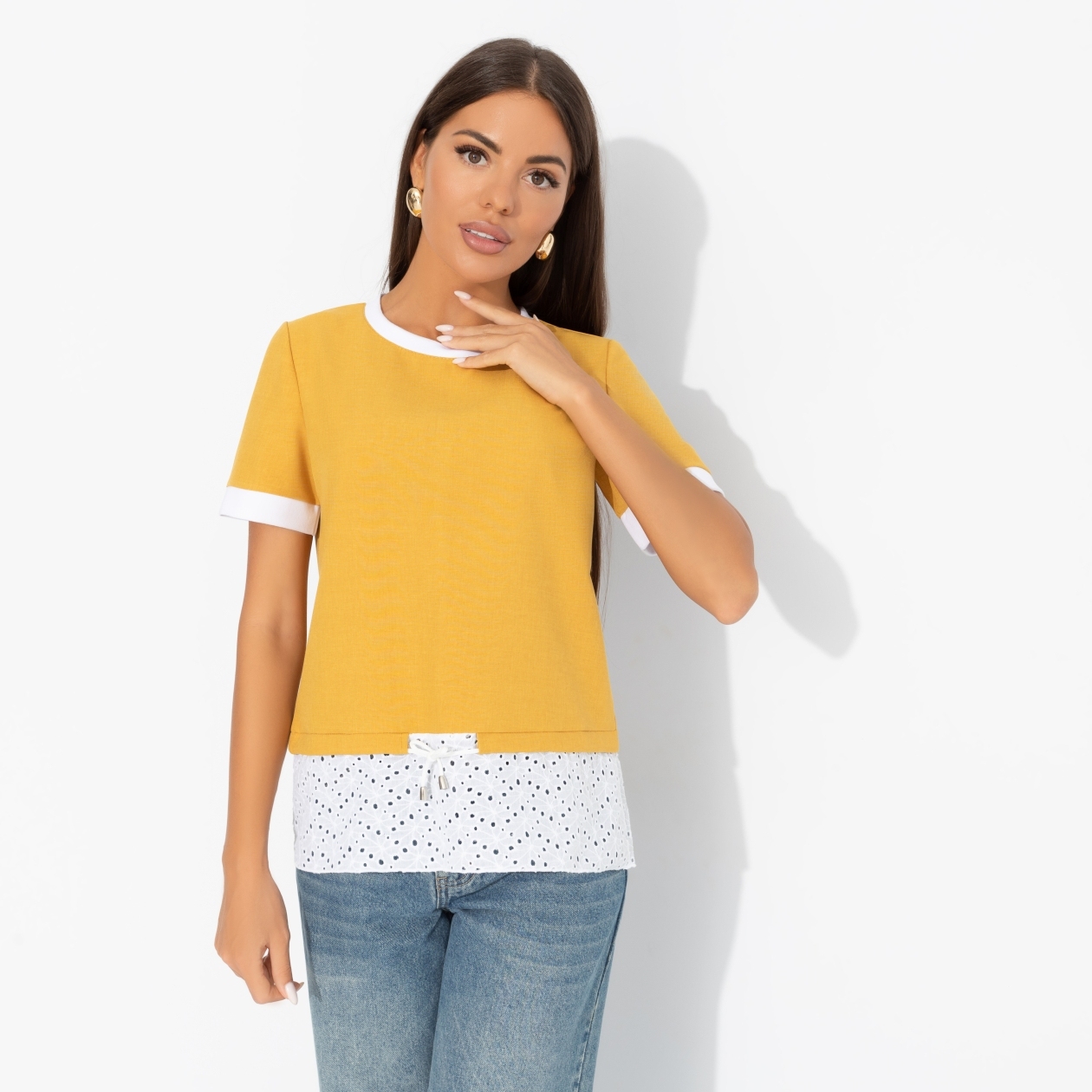 Футболка Романтика с перчинкой (горчичная). Состав: 80% п/э, 15% лен, 5% эластан