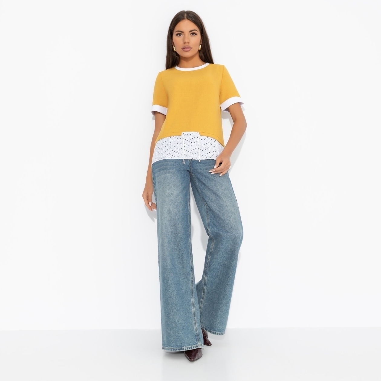 Футболка Романтика с перчинкой (горчичная). Состав: 80% п/э, 15% лен, 5% эластан