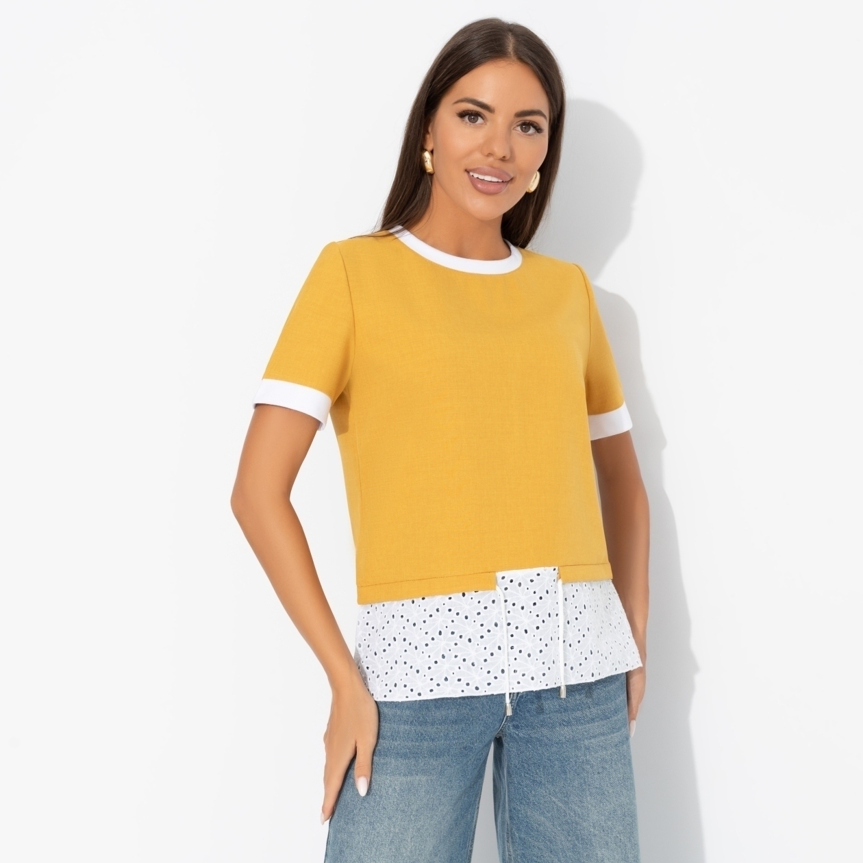 Футболка Романтика с перчинкой (горчичная). Состав: 80% п/э, 15% лен, 5% эластан