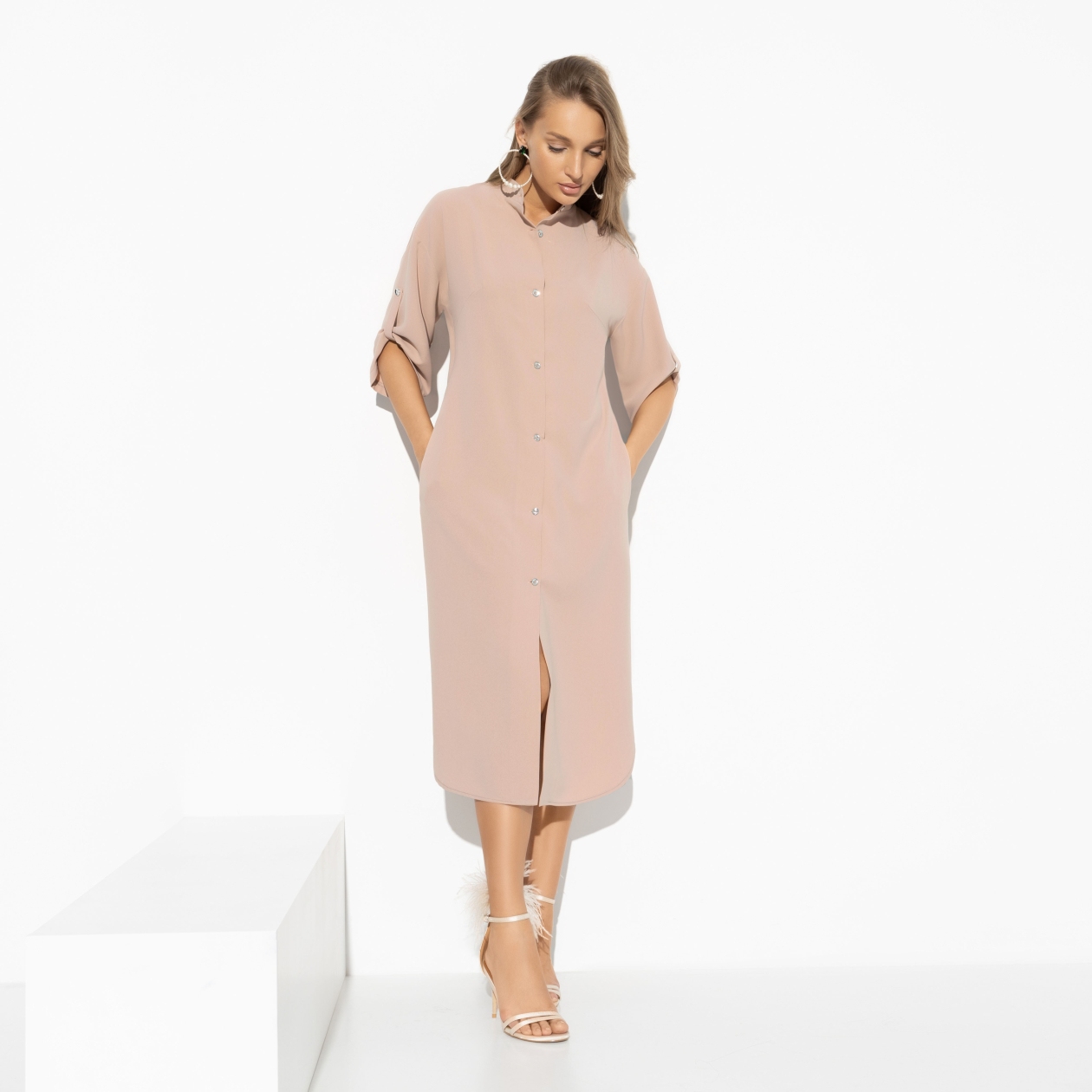 Платье-рубашка Изящный облик (гламур, с баской). Состав: 95% п/э, 5% спандекс