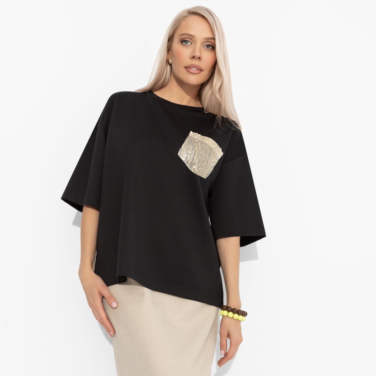 Футболка Красиво живу (чёрная). Состав: 65% п/э, 30% вискоза, 5% стрейч