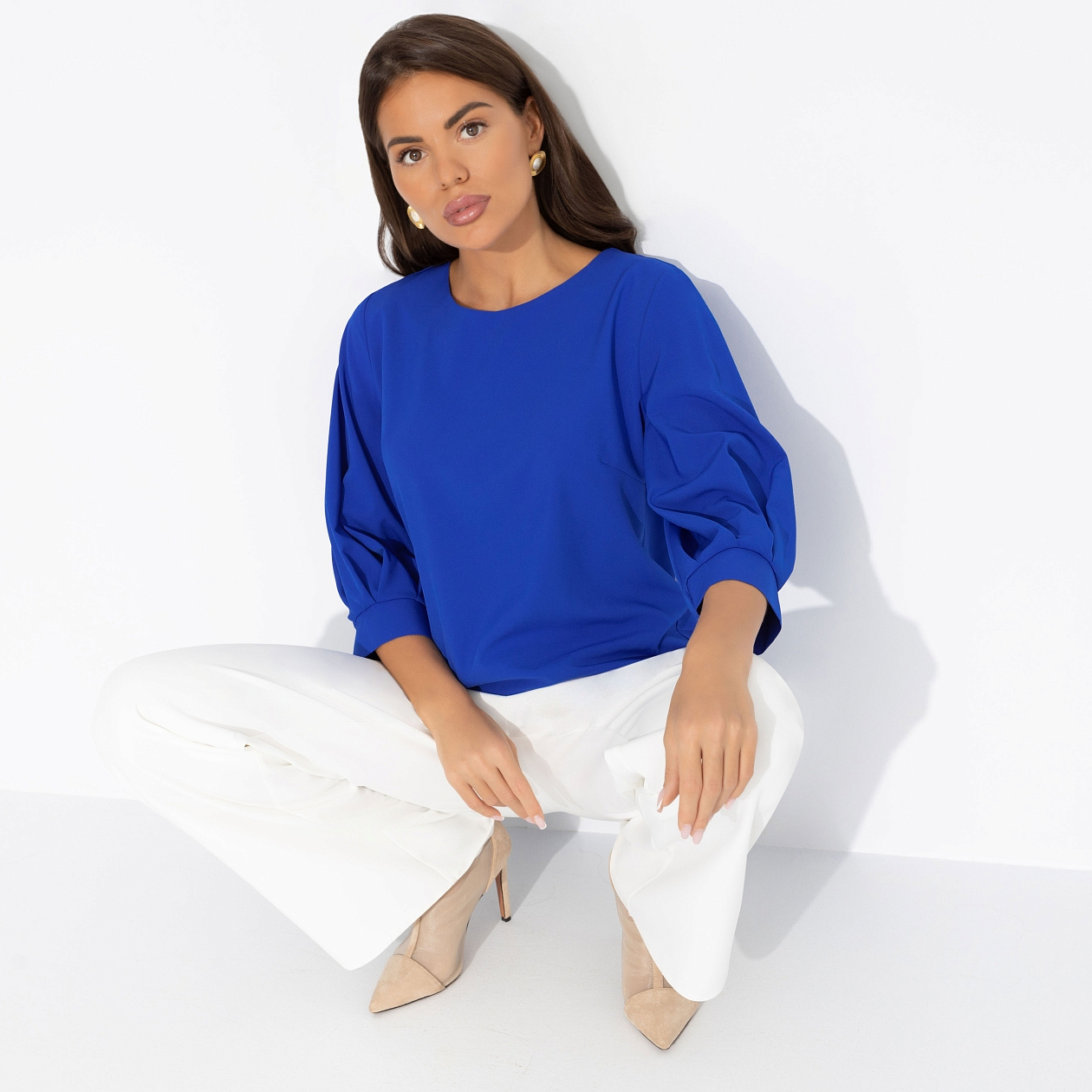 Блуза Предвкушение встречи (синяя). Состав: 95% полиэстер, 5% эластан