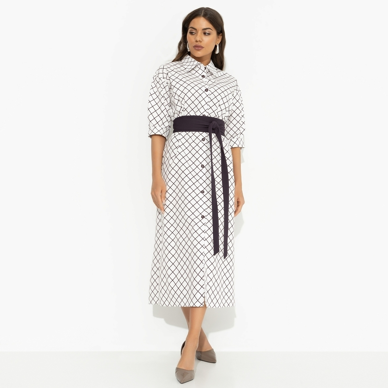 Платье-рубашка Гипнотический минимализм (с поясом). Состав: 55% полиэстер, 40% хлопок, 5% спандекс