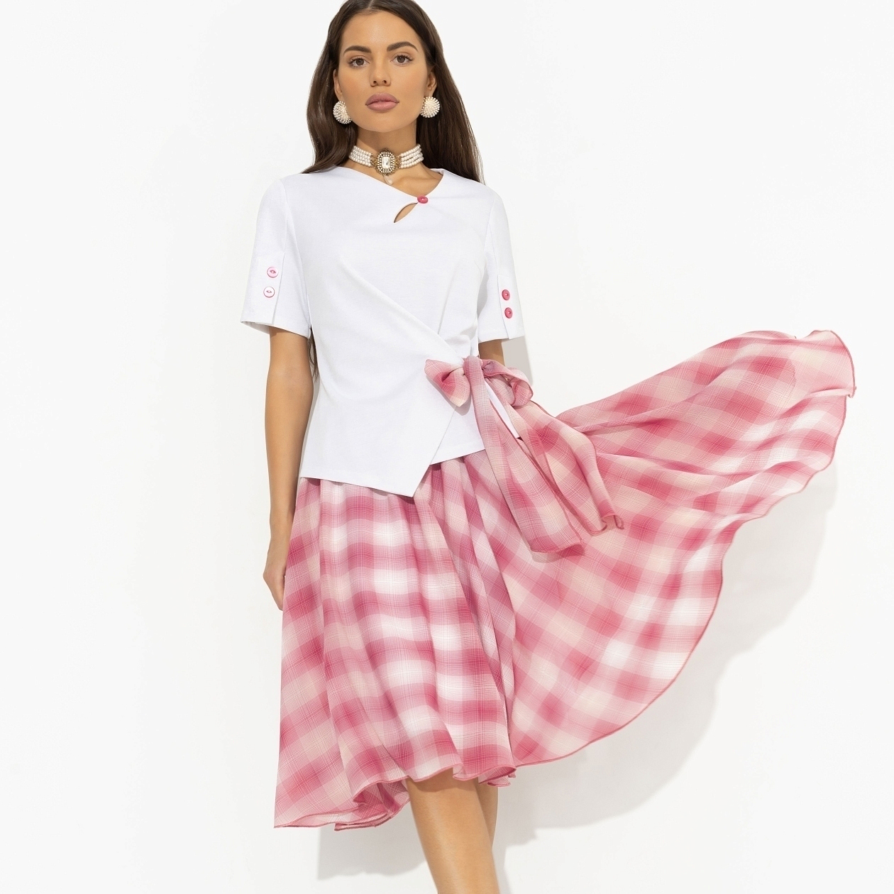 Костюм с юбкой Больше чем стиль (2 в 1, воздушно-розовый). Состав: 75% полиэстер, 20% вискоза, 5% спандекс