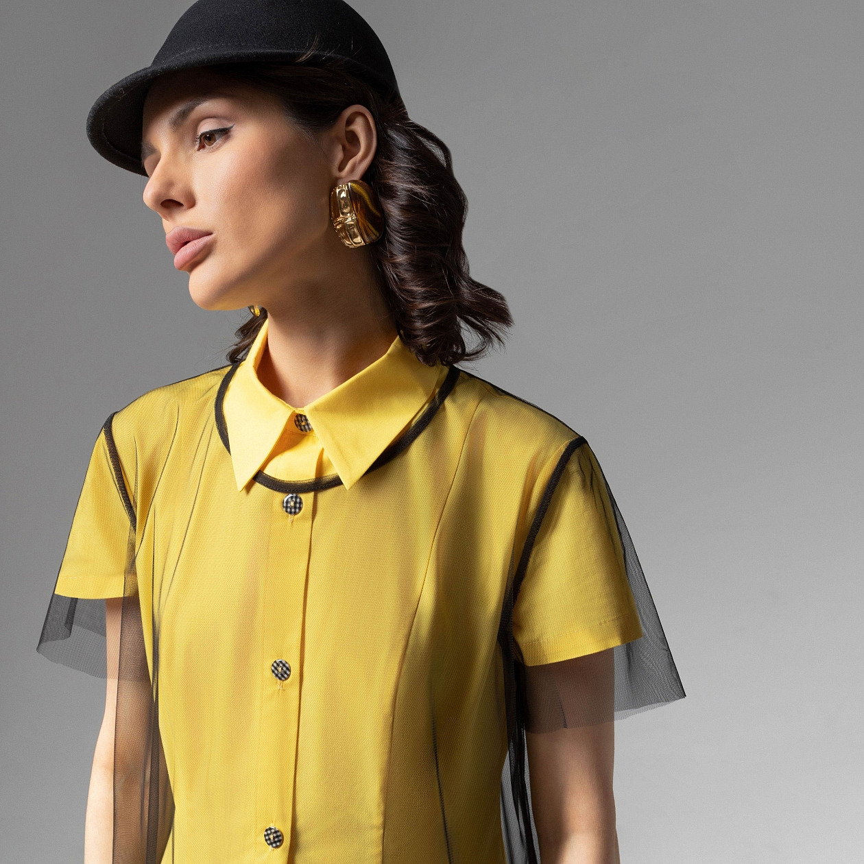 Платье-рубашка Стильное самообладание (желтое, 2 в 1). Состав: 45% хлопок, 30% полиэстер, 25% нейлон