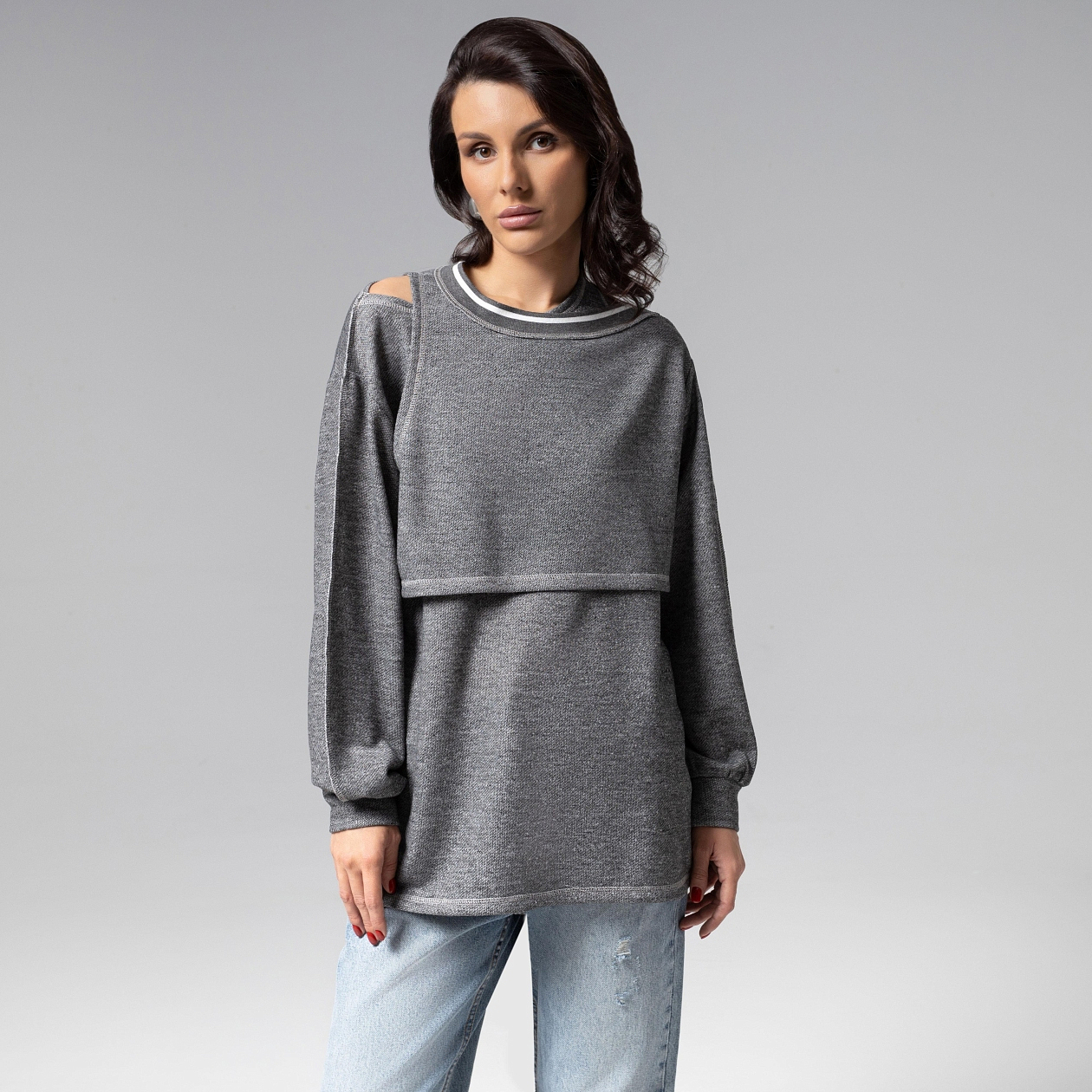 Лонгслив Преданная стилю (grey, 2 в 1). Состав: 60% хлопок, 35% п/э, 5% спандекс