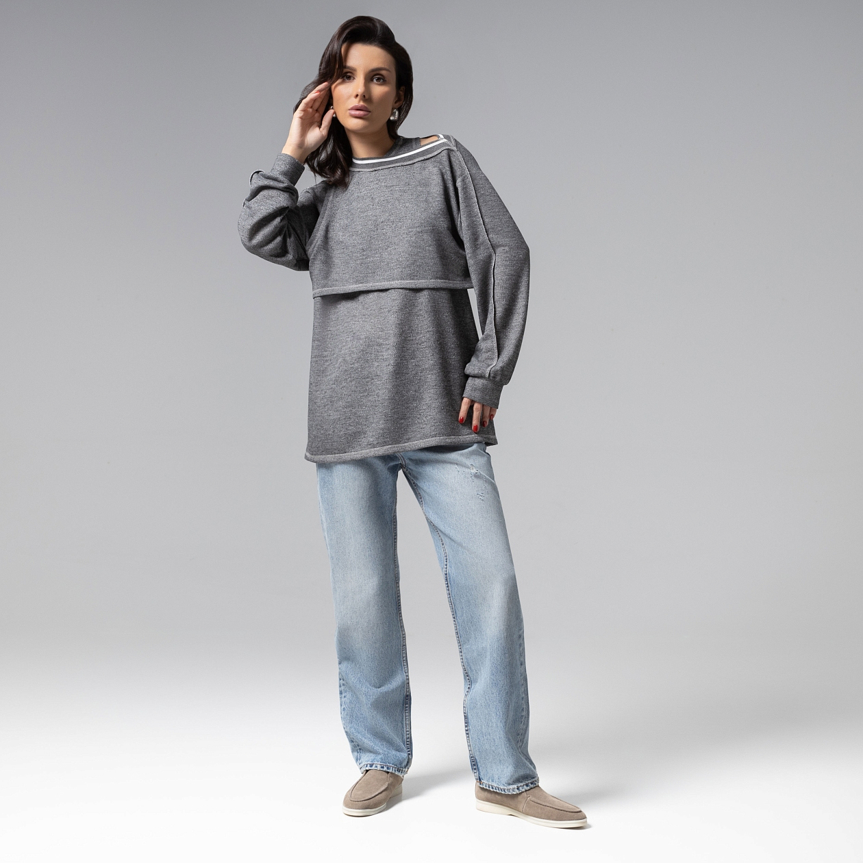 Лонгслив Преданная стилю (grey, 2 в 1). Состав: 60% хлопок, 35% п/э, 5% спандекс