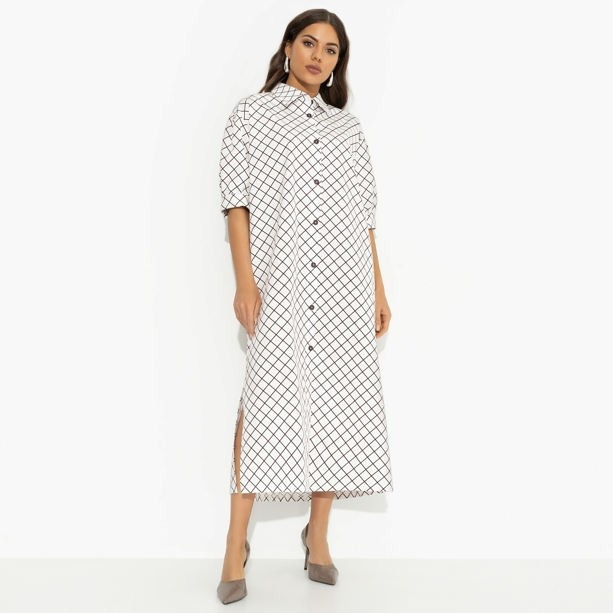 Платье-рубашка Гипнотический минимализм (с поясом). Состав: 55% полиэстер, 40% хлопок, 5% спандекс